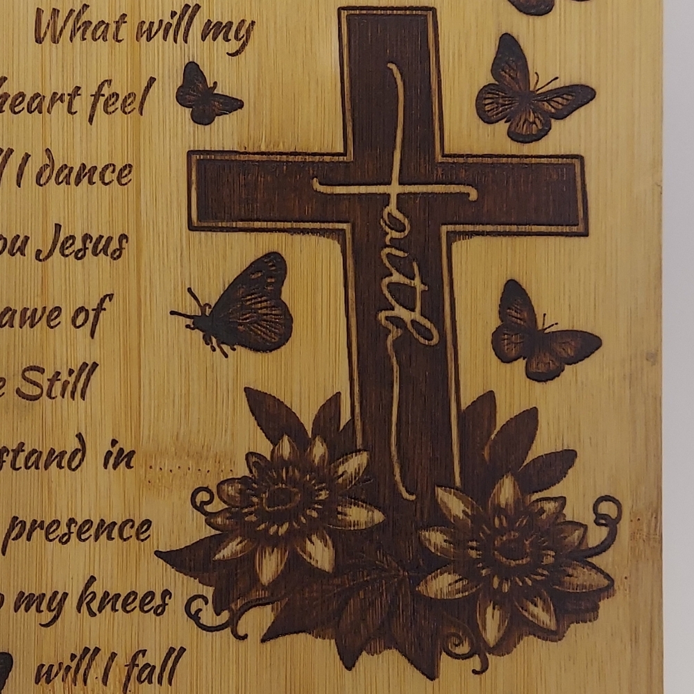 Wooden Religious Plaque with Cross and Butterflies - Natural Bamboo - Picture 2 of 3